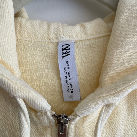 Zara Cropped Jean jacket pale light butter yellow asymmetrical zip flare hooded - Picture 4 of 9